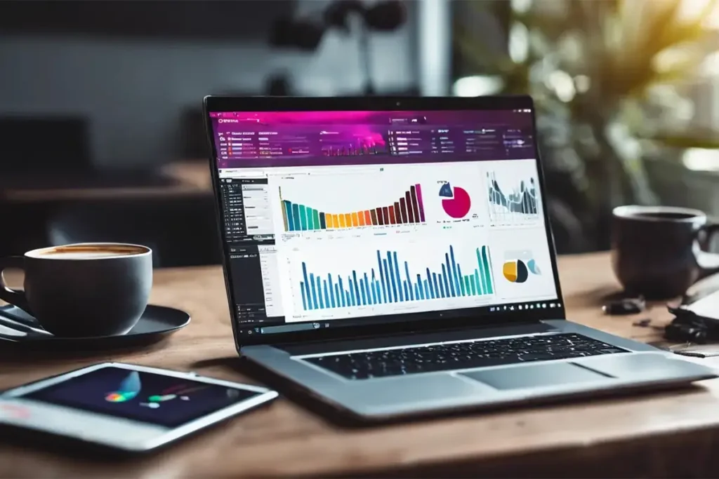 Laptop displaying analytics charts and graphs, with a tablet and coffee cup nearby, representing digital marketing performance tracking.