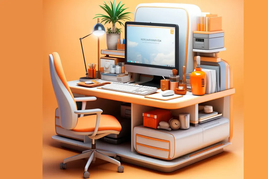 Organized digital marketing workspace with desktop and tools.