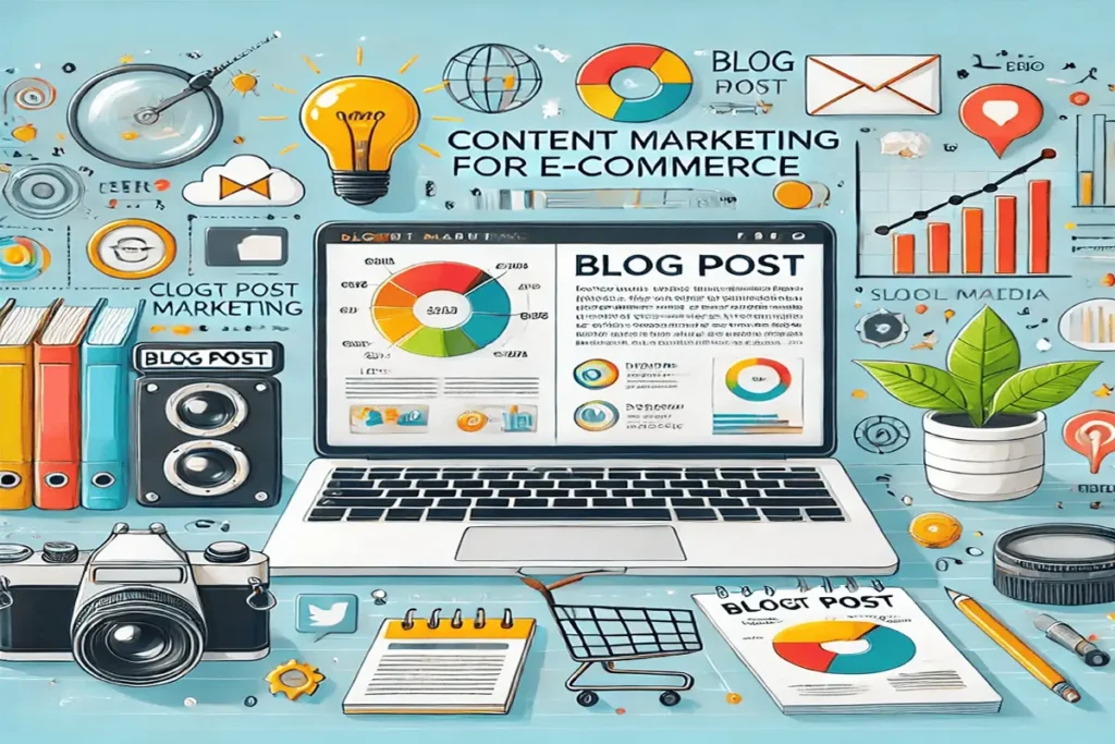 Illustration of content marketing strategies to achieve online store growth in 2025, showcasing blogs and analytics.