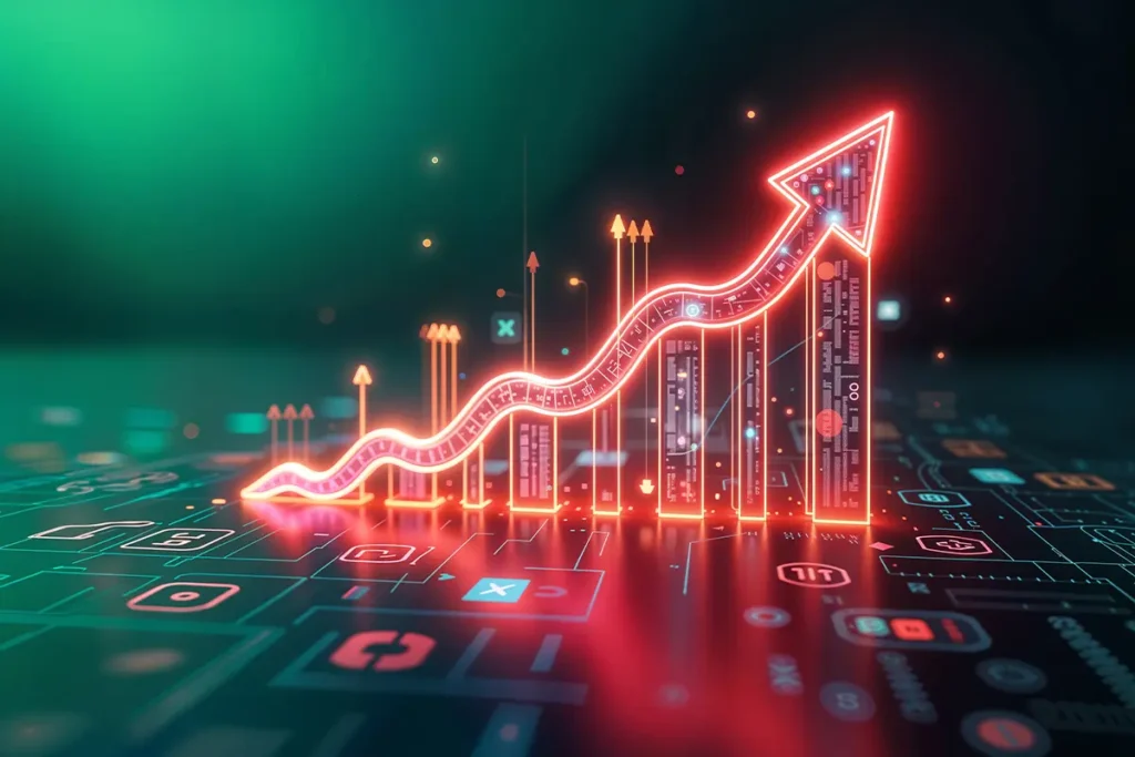 Futuristic digital chart with an upward trend and glowing red arrow, representing e-commerce sales growth and business analytics.