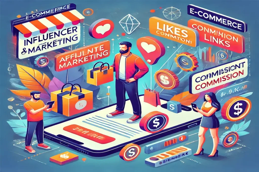 Illustration of influencer and affiliate marketing strategies to boost your e-commerce growth in 2025, featuring social media engagement.