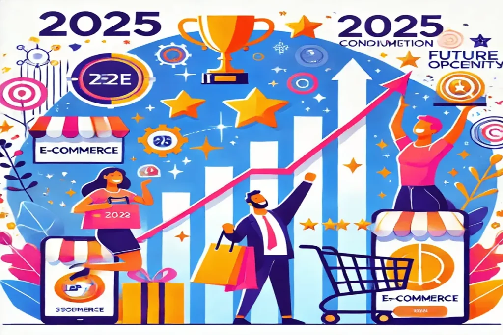 Illustration of e-commerce success to grow your online store in 2025, showing growth graphs and happy customers.