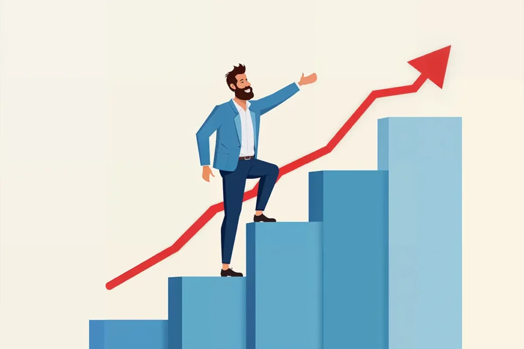 Illustration of a confident businessman climbing blue bar charts with a red upward arrow, symbolizing e-commerce success and business scaling.