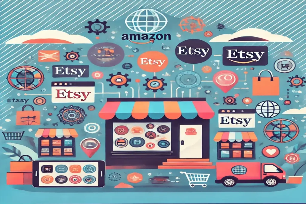 Illustration of online marketplaces like Amazon and Etsy to expand your online business in 2025.