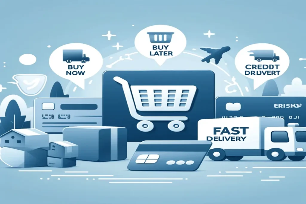 Illustration of flexible payment and shipping options to increase your e-commerce sales in 2025, featuring Buy Now, Pay Later options.