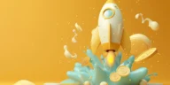 3D illustration of a rocket launching with dollar coins and splashes, symbolizing fast e-commerce growth and financial success.