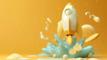 3D illustration of a rocket launching with dollar coins and splashes, symbolizing fast e-commerce growth and financial success.