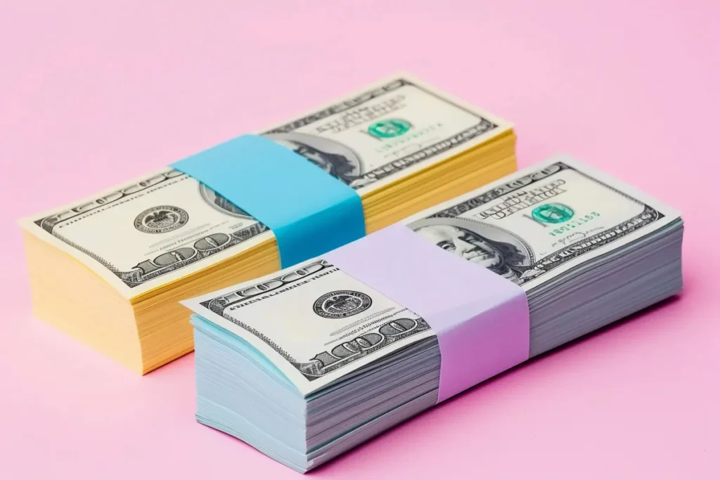 Two neatly stacked bundles of US dollar bills on a pastel pink background, representing e-commerce revenue and financial growth.