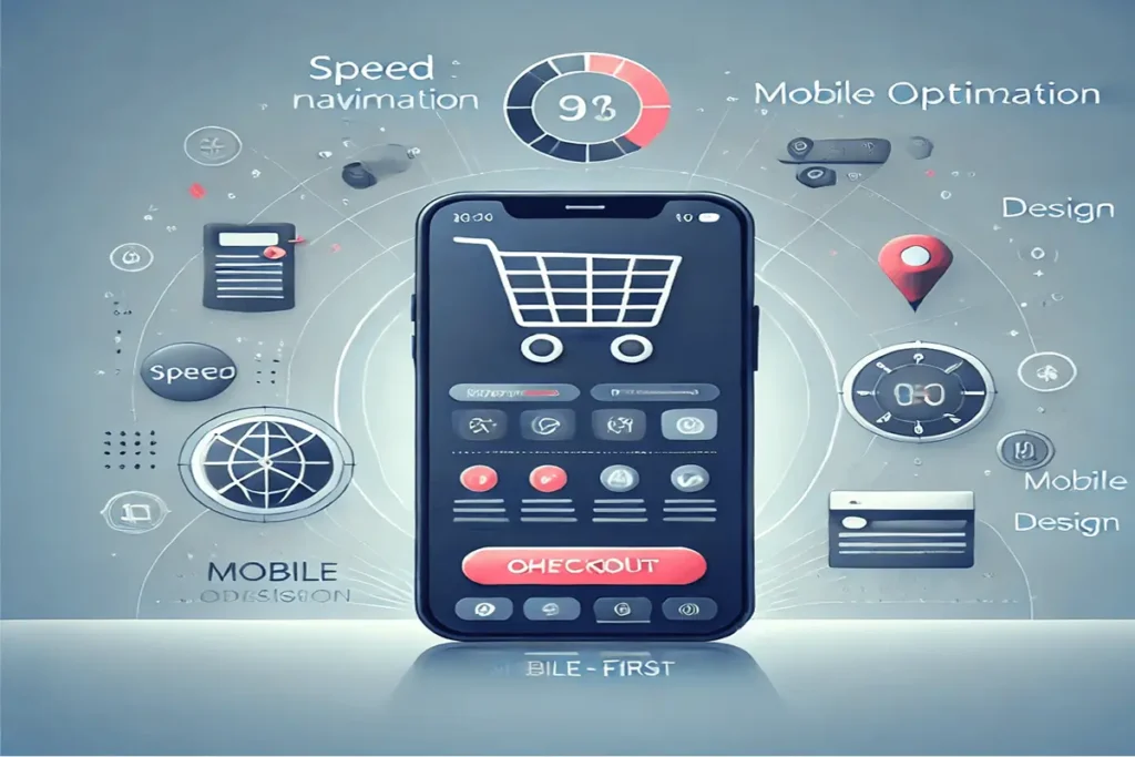 Illustration of mobile-first strategies to enhance your online store performance in 2025, showing a smartphone shopping experience.