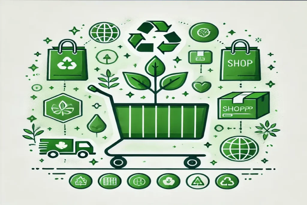 Illustration of sustainable practices to drive e-commerce success in 2025, showcasing eco-friendly packaging and recycling.